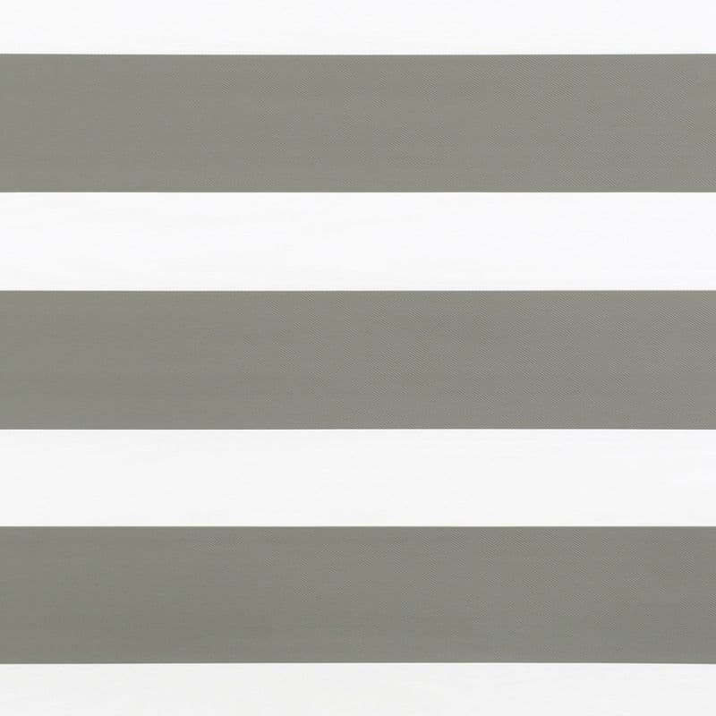 Horizontal striped roller blind covering the frame: alternating wide opaque gray and translucent white bands aligned to filter light; close-up view with neutral indoor lighting, no visible window or room.
