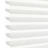 Layered sheer-and-opaque horizontal fabric blinds mounted at a window edge, alternating translucent and solid bands with curved overlapping edges, partially closed and diffusing bright daylight against a plain white background.