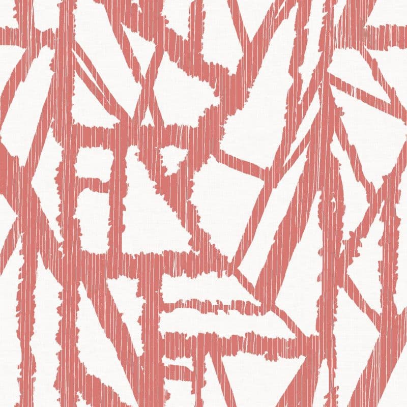 Abstract coral-red geometric lattice with ragged edges and thin vertical pinstripes printed across a white textured wallpaper, repeating flatly in a close-up, evenly lit sample.