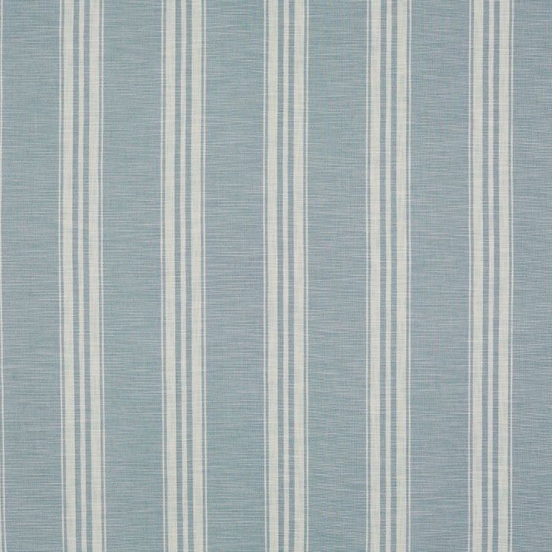 Vertical-striped woven fabric panel (soft blue with repeating off-white bands) hangs flat, covering the surface; subtle horizontal weave visible, suggesting wallpaper or a curtain in neutral lighting.