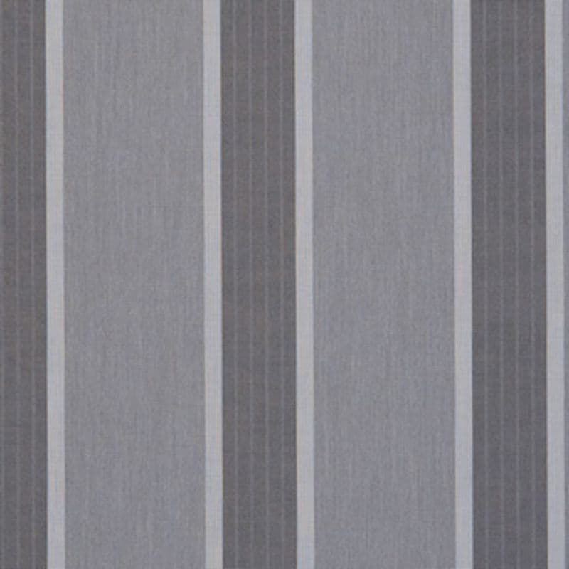 Vertical striped fabric curtain, alternating wide light-gray and narrow dark-gray bands with fine pinstripes, hanging closed and filtering soft diffuse light in a minimally lit interior.