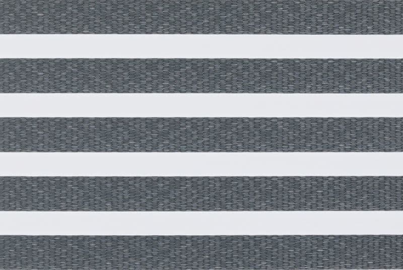 Horizontal zebra-style window blind with alternating textured gray woven and opaque white bands, aligned to create stripes, filling frame in neutral, evenly lit close-up with no visible room or view.