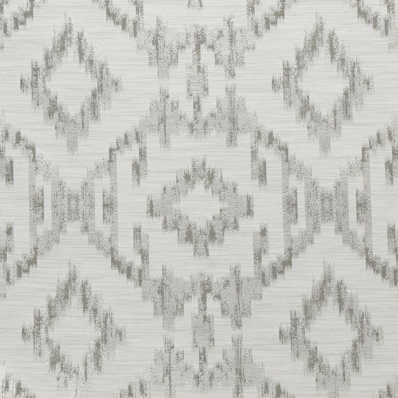 Textured wallpaper with horizontal grain, featuring repeating distressed ikat-style diamond motifs in silvery gray; pattern repeats across an off-white surface, close-up view with neutral, soft lighting.