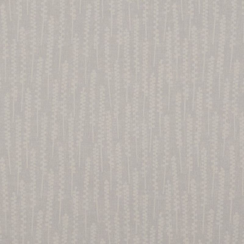 Wallpaper with vertical, stylized wheat-like beige motifs; repeats subtly across a light grey ground, covering a wall and providing soft textured patterning in a neutral interior with diffuse lighting.