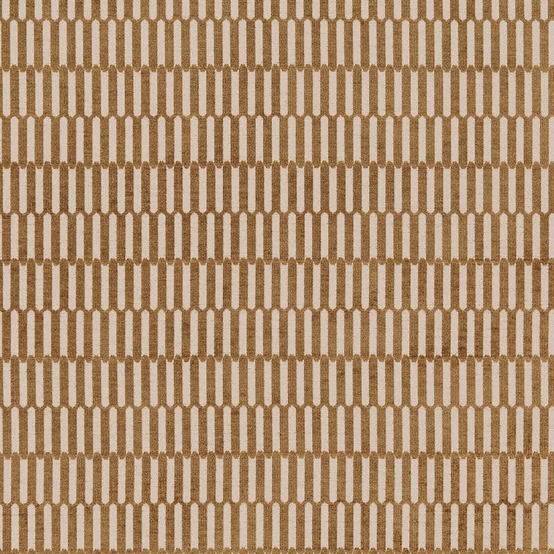 Beige-and-tan woven fabric with repeating vertical rounded rectangles, forming a staggered grid pattern; pattern repeats evenly across the flat, evenly lit surface in a close-up view.