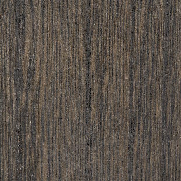 Dark wood veneer panel with fine vertical grain patterns; stationary, displaying subtle bark-like striations; close-up view under even lighting, likely a tabletop or cabinetry surface.