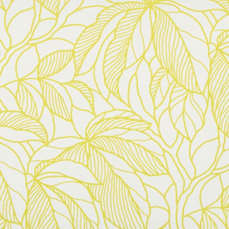 Yellow line-drawn leaf-pattern wallpaper covering a flat white surface; overlapping, veined leaves repeat across the panel; appears as a bright, decorative botanical swatch under even lighting.