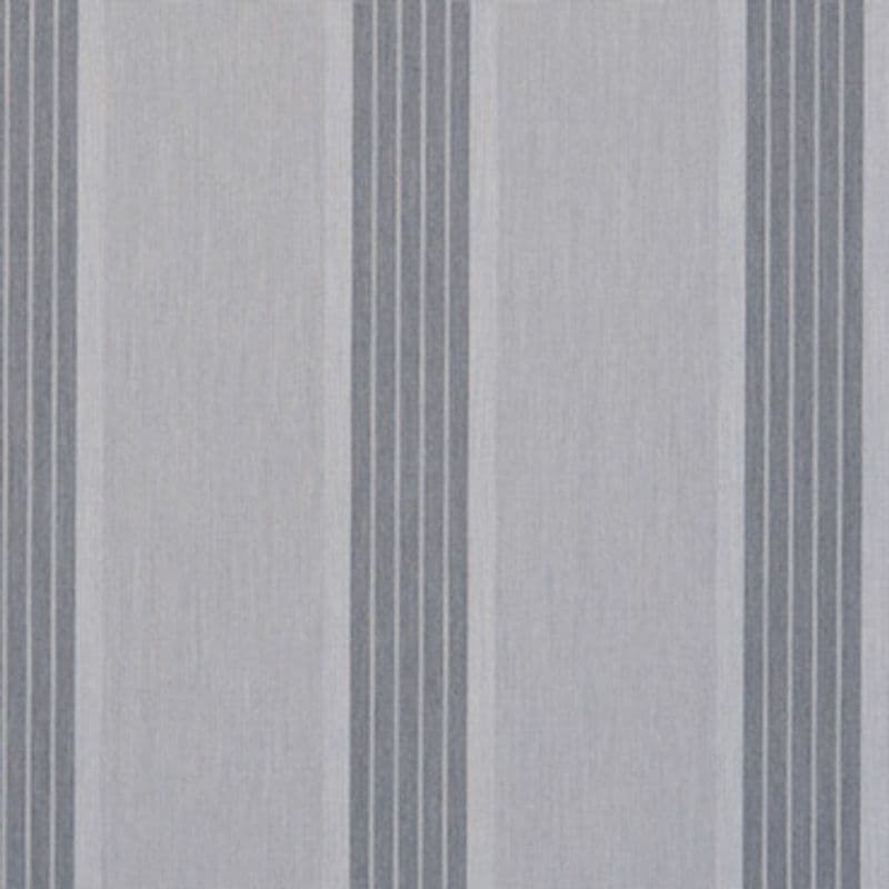 Grey striped curtain with wide pale panels and narrower dark pinstriped bands, hanging flat and covering a window; soft, even lighting suggests a neutral interior.