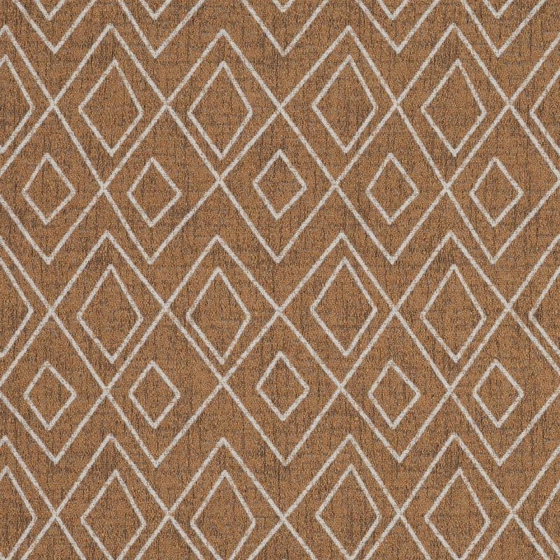 Brown woven rug with repeating white double-diamond outlines, lying flat and covering a floor; even diffuse lighting highlights its textured, symmetrical pattern, no furniture visible.