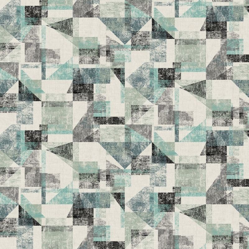 Geometric-patterned wallpaper featuring overlapping distressed rectangles and triangles in muted teal, gray, black and off-white; repeating across the surface, creating an abstract, flat, evenly lit decorative backdrop.
