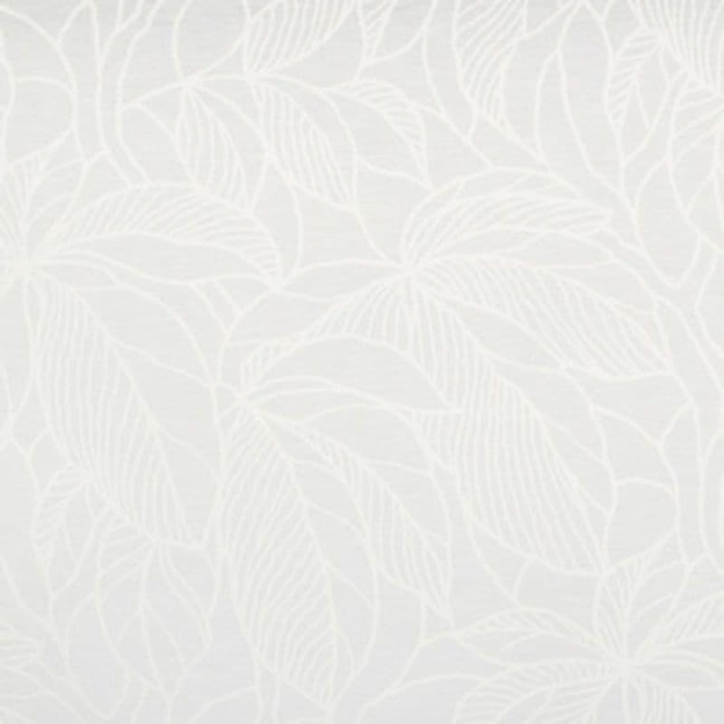 White embossed wallpaper with large outlined leaves—matte, subtly raised texture—covering a wall, evenly lit, neutral indoor surface with no furniture, window, or distinct shadows.