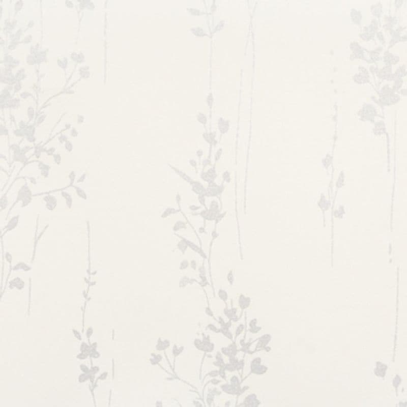 Pale floral wallpaper with faint vertical vine motifs (object), covering the surface and repeating subtly (action), shown close-up on an evenly lit, neutral interior wall (context).