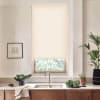 Beige roller blind covers a window, filtering daylight above a stainless sink and faucet; kitchen counter holds a bowl of leafy vegetables, potted plants, framed sketch on wall, wooden cabinets.