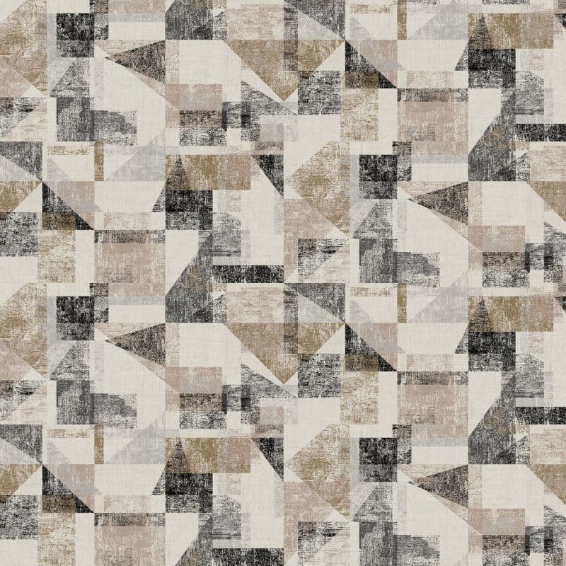 Distressed neutral-toned geometric wallpaper: overlapping rectangles and triangles with textured, worn marks repeating across a flat surface; evenly lit, no visible room elements, resembles fabric wall covering.