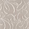 Beige mesh textile with raised white floral embroidery (close-up) — displaying repeating curving motifs — presented flat under even, neutral lighting, suggesting upholstery or drapery fabric.