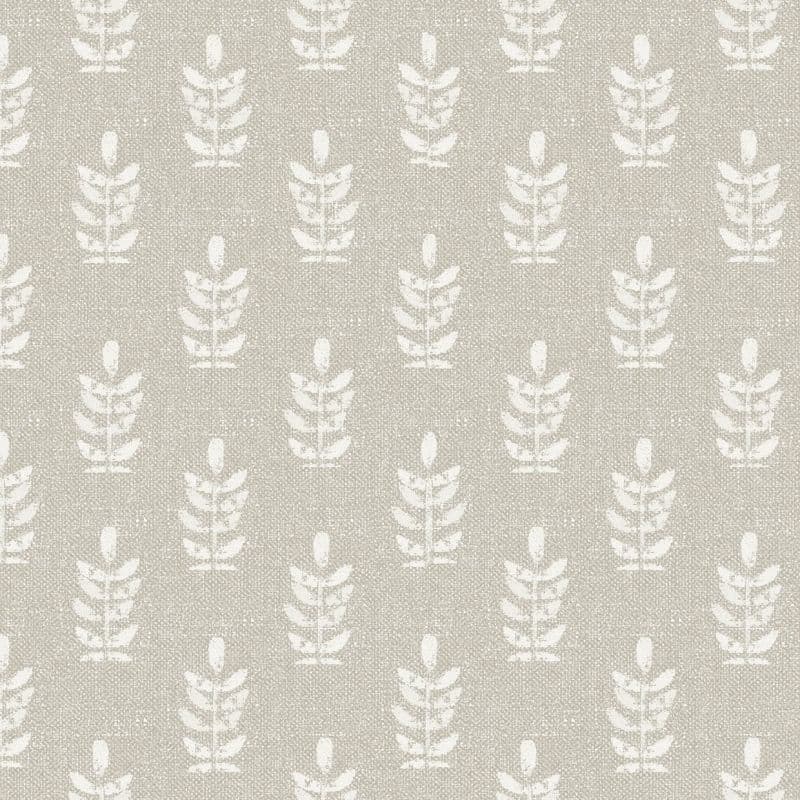 Textured wallpaper with white stylized leaf motifs arranged in a regular vertical grid, repeating across a gray-beige, slightly grainy surface under even, flat lighting.
