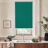 Teal roller blind lowers over a window, blocking light; beneath, a sink with faucet in a wooden countertop flanked by a bowl of greens, potted plants and a framed sketch.