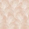 Wallcovering patterned with large white feather-like motifs, repeating across the surface, on a muted peach, linen-textured background in soft, even light.