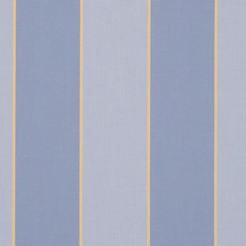 Striped wallpaper with alternating wide periwinkle and pale-blue vertical bands separated by thin yellow pinstripes, covering a flat, evenly lit wall and serving as a decorative interior surface.