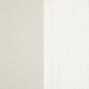 Two vertical curtain panels — left pale beige smooth, right narrow white panel with fine vertical textured pattern — hung side-by-side meeting at center, close-up, soft even lighting.