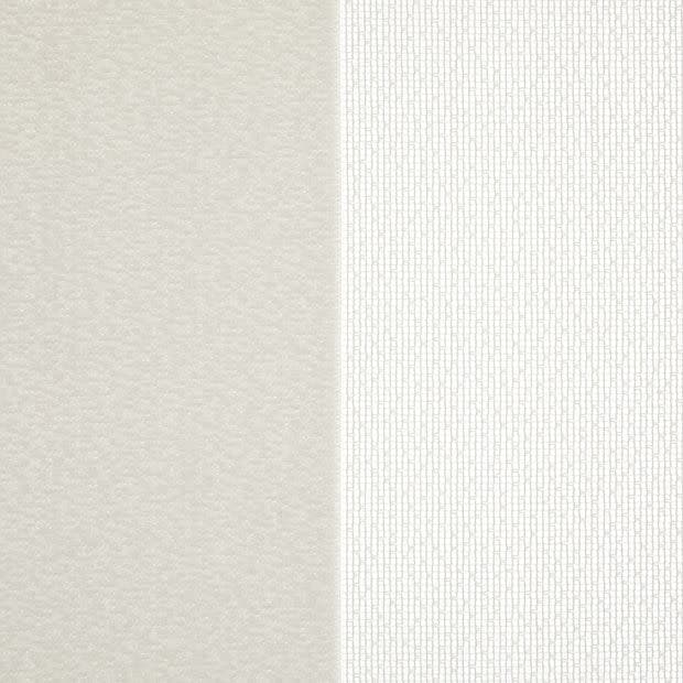 Two vertical curtain panels — left pale beige smooth, right narrow white panel with fine vertical textured pattern — hung side-by-side meeting at center, close-up, soft even lighting.