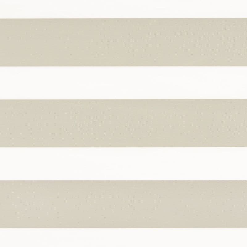 Horizontal striped roller blind spanning the frame with alternating opaque beige and translucent white bands, blocking and filtering light, set against a bright, minimal interior.