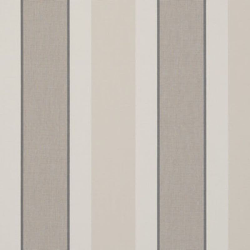 Vertical striped wallpaper with alternating wide beige and textured gray panels, separated by thin dark borders and narrow off-white stripes; covers a wall, forming a neutral, softly lit interior backdrop.