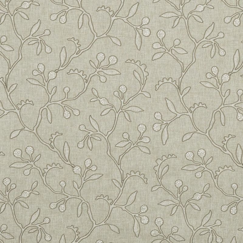 Linen-like wallpaper swatch, flat, embroidered with a repeating vine-and-berry motif; it decorates a surface with subtle texture and muted beige-gray tone under even lighting.