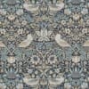Damask-style fabric or wallpaper with stylized birds, tulips, and scrolling foliage printed in mirrored repeating pattern — muted teal, beige and cream on dark background, intended as wall covering or upholstery.