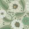 White and mint-green stylized flowers interweave with curving fern-like leaves and dotted stems across a muted sage, horizontally textured background, forming a repeating botanical wallpaper pattern.