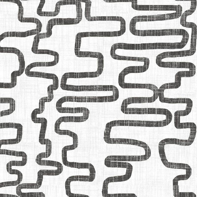 Thick, distressed black meandering ribbon-like stripes repeating vertically across the surface; forming a connected, maze-like pattern on a coarse white, linen-textured background in high contrast.
