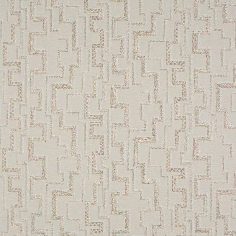 Beige woven fabric sample, flat and evenly lit, featuring repeating stepped‑cross embroidery in slightly darker thread; textured surface suggests use as upholstery or wallpaper in a neutral interior.