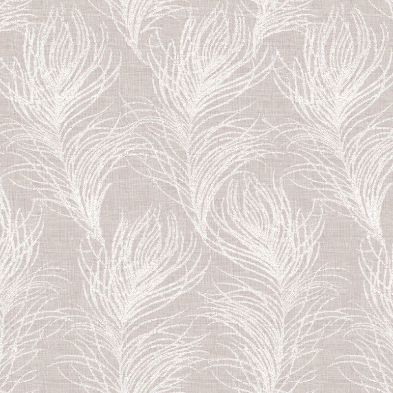 White stylized feather motifs repeating in vertical rows, printed across a beige, linen-textured surface, forming a soft, neutral wallpaper or fabric pattern under even, flat lighting.