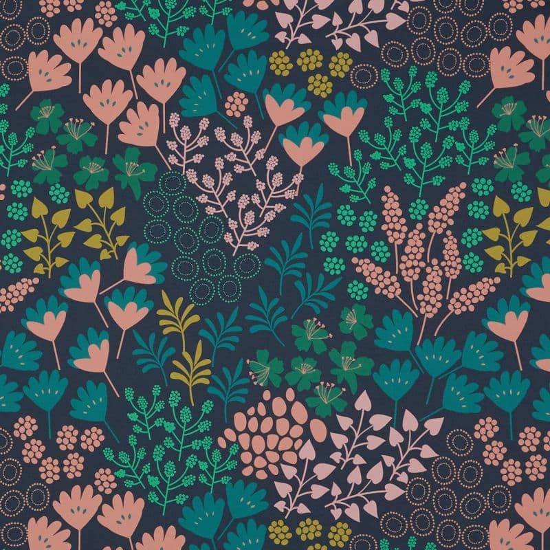 Navy textile patterned with repeating stylized floral motifs (pink, teal, green, olive) covers the surface, forming a dense, flat botanical print with no visible room or lighting context.