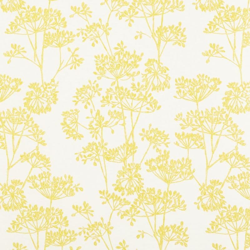 Yellow botanical-patterned wallpaper: delicate umbrella-shaped flower silhouettes repeating across a white background, covering a wall and lending a bright, airy, nature-inspired décor to an interior space.