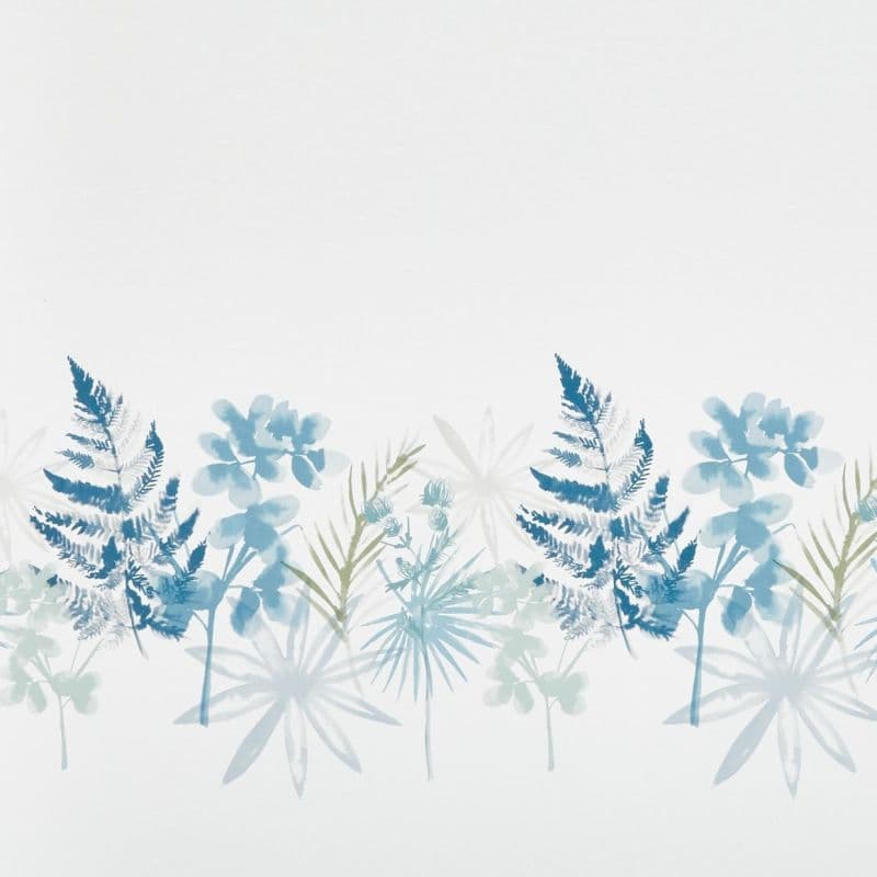 Watercolor botanical border of blue and green ferns, leaves, and flowers lining the lower edge, overlapping translucent shapes that subtly fade into a bright white background.