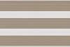 Dual-layer zebra roller blind lowered, alternating beige textured slats and white sheer bands; partially filtering light across a neutral interior wall, producing soft, evenly diffused daylight.