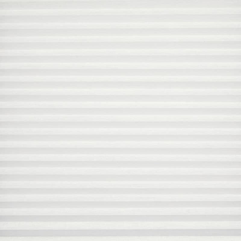 White horizontal pleated blinds filling the frame, evenly spaced shallow pleats across a window; closed, softly diffusing daylight; interior setting with neutral, evenly lit background and no visible view.