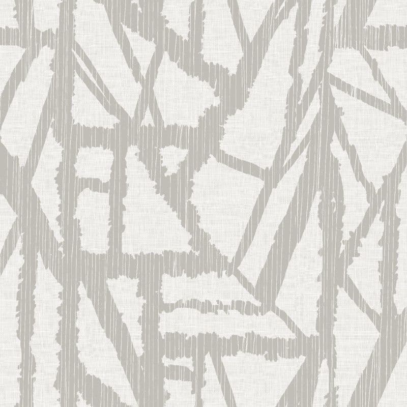 Beige-gray jagged geometric print on off-white textured fabric (wallpaper), repeating across the surface; flat, evenly lit close-up showing overlapping vertical and diagonal bands.