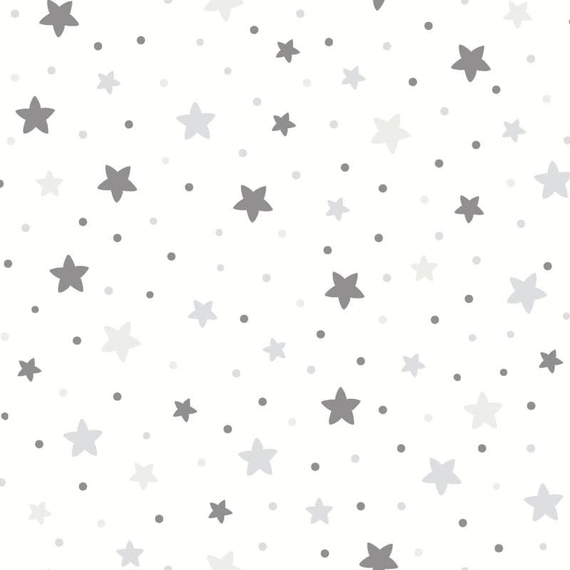 Scattered five-point stars and small dots in light gray and charcoal across a white background, repeating decorative pattern on a flat surface (wallpaper or fabric); evenly lit, neutral nursery motif.