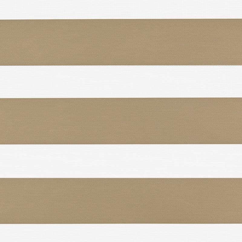 Horizontal zebra roller blind across a window with alternating wide beige fabric and white translucent bands, closed to filter and diffuse daylight; no surrounding room or view visible.
