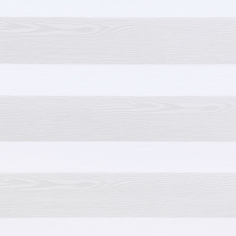 White dual-layer zebra blinds with alternating opaque, wood-grain textured and sheer horizontal bands, lowered and filtering soft daylight across a neutral interior window.