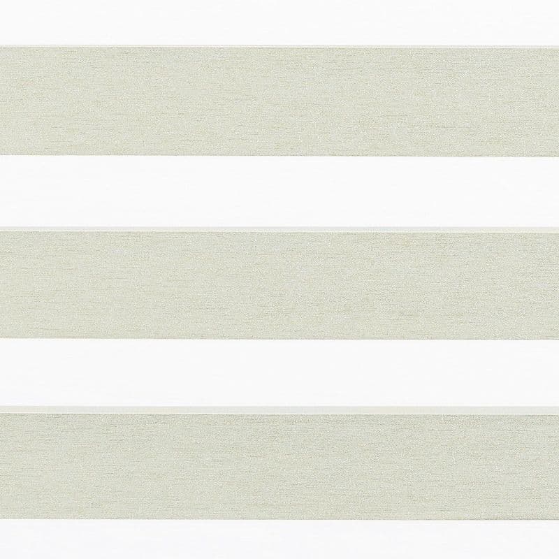 Zebra-style roller blind with horizontal wide beige textured opaque bands alternating with narrow sheer white bands; bands aligned to partially filter light across a neutral, softly lit interior.