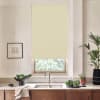Beige roller blind lowered over a kitchen window above a sink and faucet. A countertop holds a bowl of leafy greens, potted plants, a framed sketch left, and wooden cabinets.