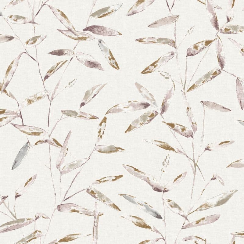 Wallpaper featuring watercolor bamboo-style leaves and slender stems — repeating across the surface — on a light, linen-textured background, soft muted mauve, gold and gray tones for a calm interior.
