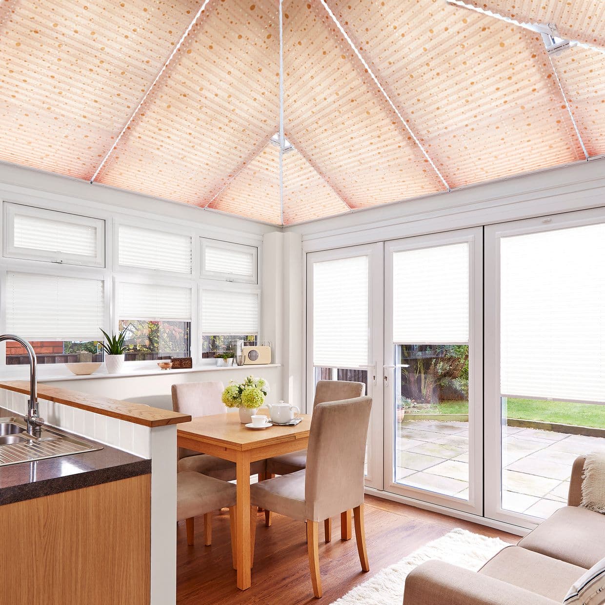 Sparkle Dots Pink/Gold Conservatory Roof Pleated Blind