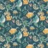 Large-scale teal wallpaper featuring yellow and blue botanical blooms and green vines, repeating seamlessly across the surface, shown as a flat, evenly lit decorative swatch.
