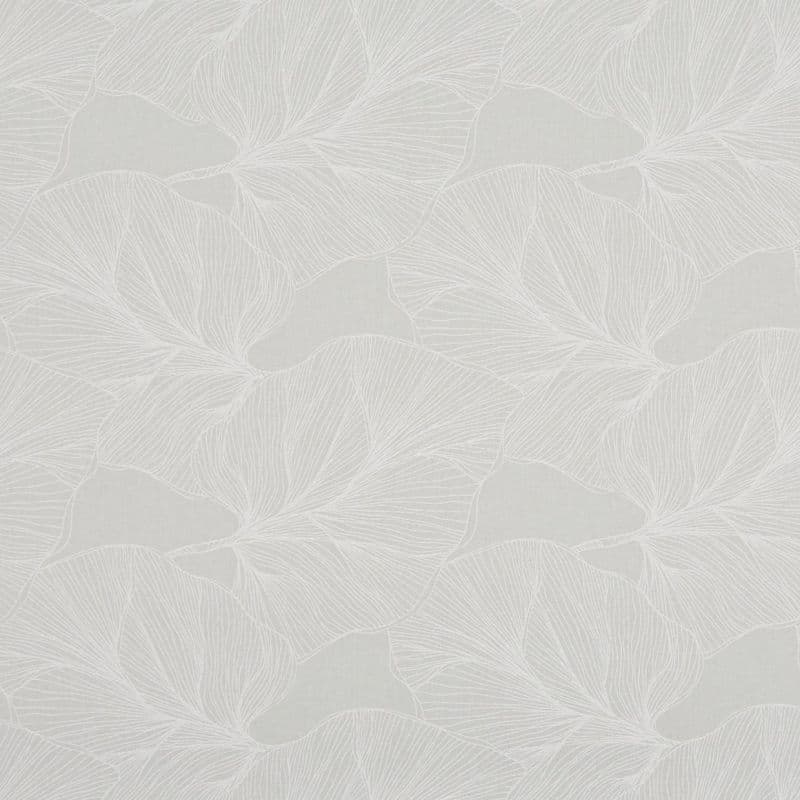 Pale grey wallpaper with large overlapping white line-drawn leaves; repeating pattern covering a wall, providing subtle botanical texture in a softly lit, neutral interior.