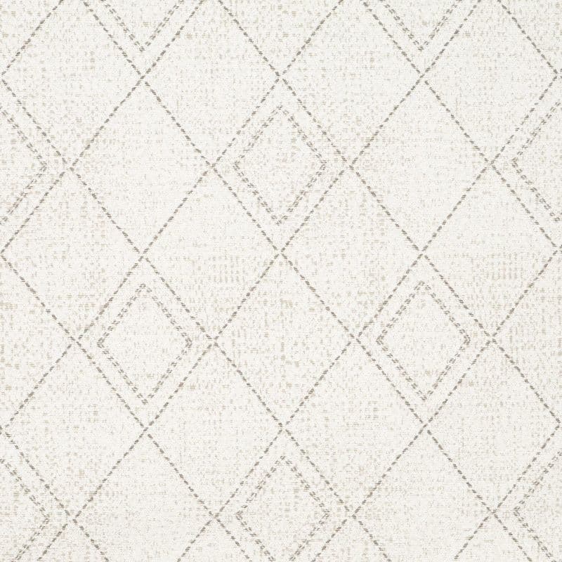 Cream textured wallpaper with faint taupe diamond lattice; pattern repeats across the surface, subtly distressed, filling a neutral, softly lit interior wall.