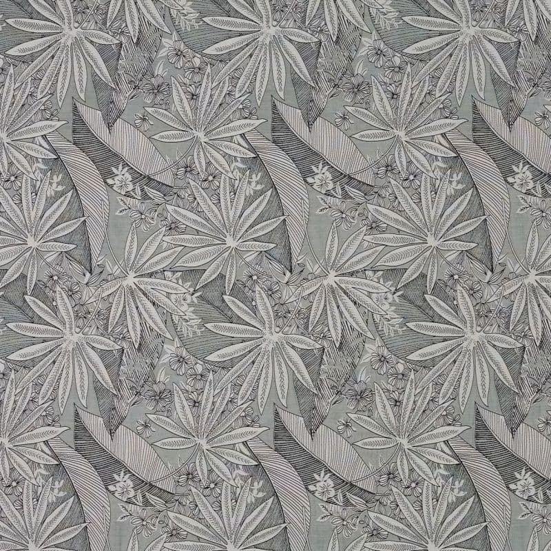 Decorative wallpaper with large stylized tropical leaves and small flowers, arranged in a dense repeating pattern; covering a flat surface, muted grayscale palette, evenly lit, no visible room elements.